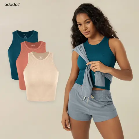 ODODOS 3-Pack Seamless Tanks for Women Ribbed Soft High Neck Tops