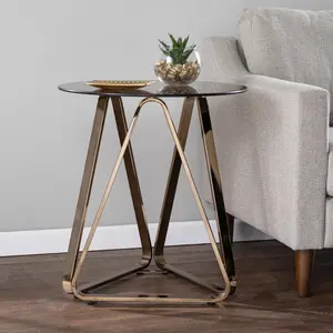 360 stand 24 in. Glass & Iron Round End Table - Glass Top, Champagne Finish, Geometric Base, Iron Sled, Multi-Use Contemporary Indoor Furniture