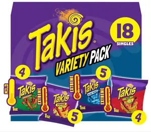 Takis 18 pc / 1 oz Variety Pack, Assorted Flavored Mixed Rolled Tortilla Chips – (5) Fuego, (5) Blue Heat, (4) Nitro, (4) Crunchy Fajitas