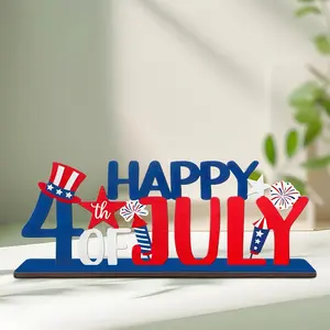 Independence Day Wooden Sign Decor, Vintage Style Number 4 & Th Letters with Base, Layered Tray Table Centerpiece for Home Party Year-Round Display
