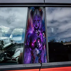 2PC Cybernetic Harley Quinn B-pillar decal, automotive center pillar protective film, suitable for glass, metal, plastic, ceramic, and wooden surfaces. Features anime, fantasy, animal, space, a