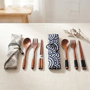 2 Sets Wooden Fork Spoon Chopsticks – Reusable Travel Utensils with Pouch & Tied Line, Portable Flatware Cutlery for Camping, Travel, Lunch – Eco Friendly