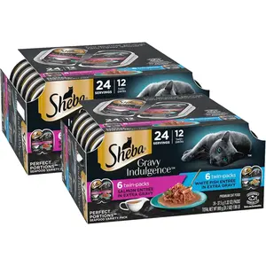 Sheba Gravy Indulgence Adult Wet Cat Food Salmon Entree in Extra Gravy and White Fish Entree Variety Pack, 2.6 oz. Twin-Pack Trays, (12 Count, 24 Servings) (Pack of 2)