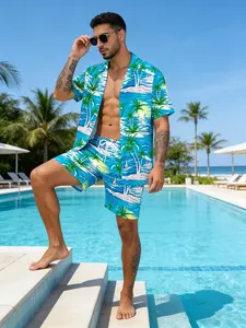 Men's Tropical Hawaiian Shirt Set, Palm Tree Print Short Sleeve Blouse, Drawstring Shorts, Soft Skin-Friendly Material, Holiday Casual Wear