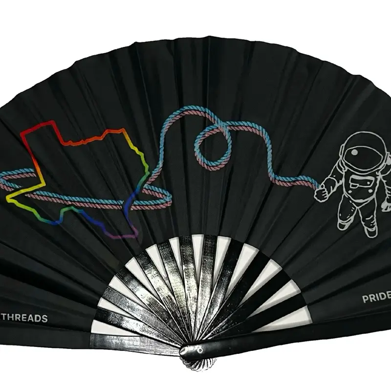Pride Threads Clapper Fan - Lightweight Bamboo Fabric with Rainbow Gradient Texas Outline, Featuring Astronaut Roping Design - Decor