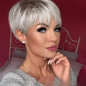 European and American wigs middle-aged and elderly wigs gray white short hair wig head set fashion heat-resistant wig full head set suitable for daily party banquet holiday dress up, costume wig grey wig chic hair wig synthetic wig