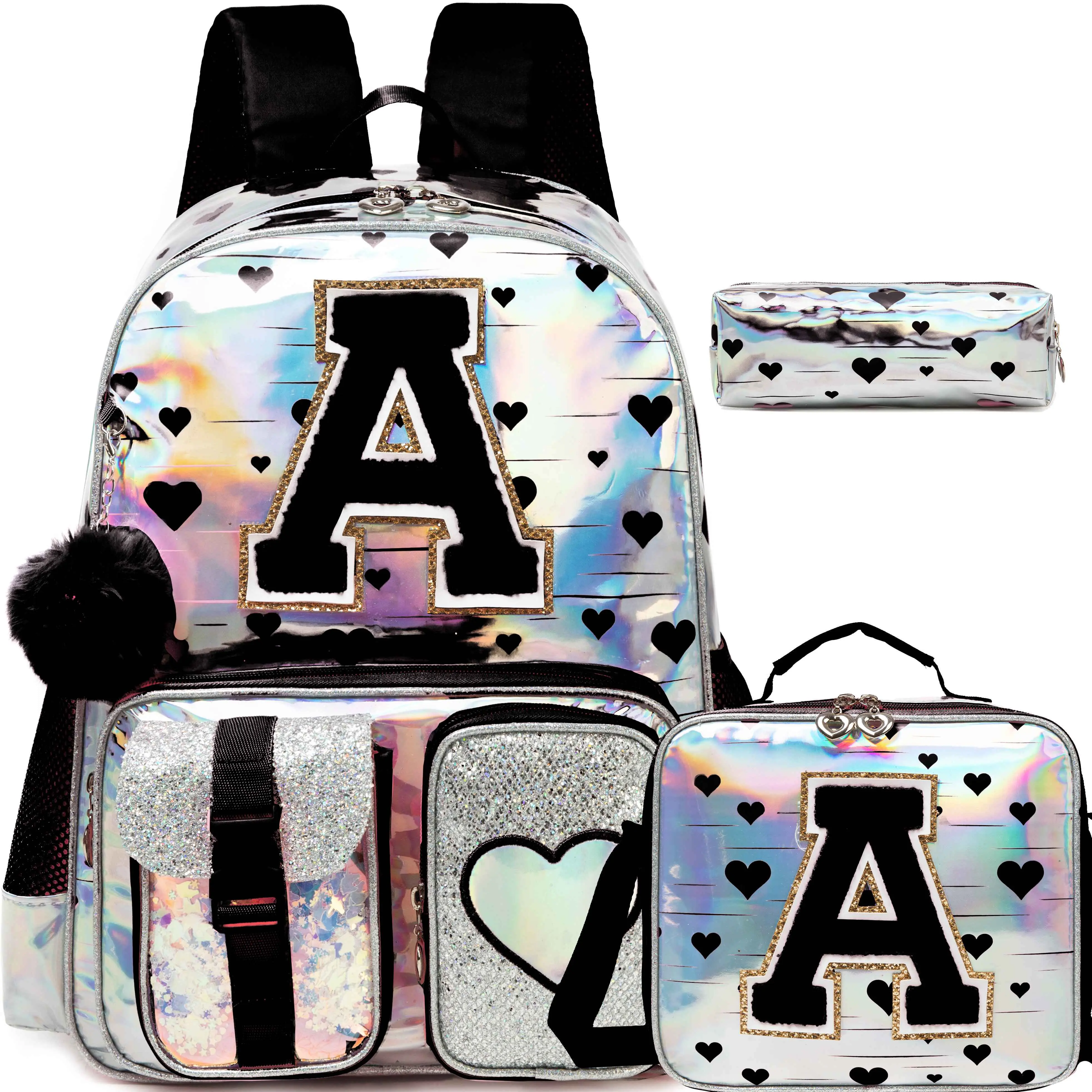 Girls' 3-Piece Holographic Backpack Set - Laser Shimmer Initial A School Bookbag, Insulated Lunch Box, Pencil Case for Kids