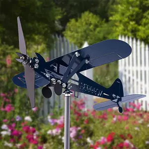 Blue aircraft wind vane kinetic metal wind vane for courtyards and gardens3D dynamic wind vane wheel wind collector sculpture aircraft wind vane metal wind vane 28 x 32 cm