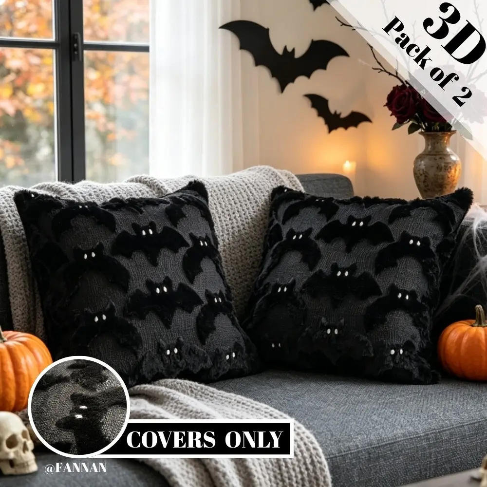 2-Pack 3D Bat Embroidery Plush Throw Pillow Cover Dark Neutral Soft Plush Faux Fur 18x18Inch Pillow Insert Not Included For Halloween Witch Theme, Gothic Punk Theme, Home Holiday Decor, Bedroom Decorative Accessories