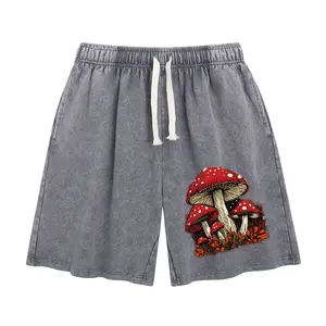 Wayii Fashion Unisex Red Fly Agaric Mushroom Acid Washed Shorts, Retro Washed Cottagecore Print Drawstring Shorts, Loose Fit Nature Casual Streetwear
