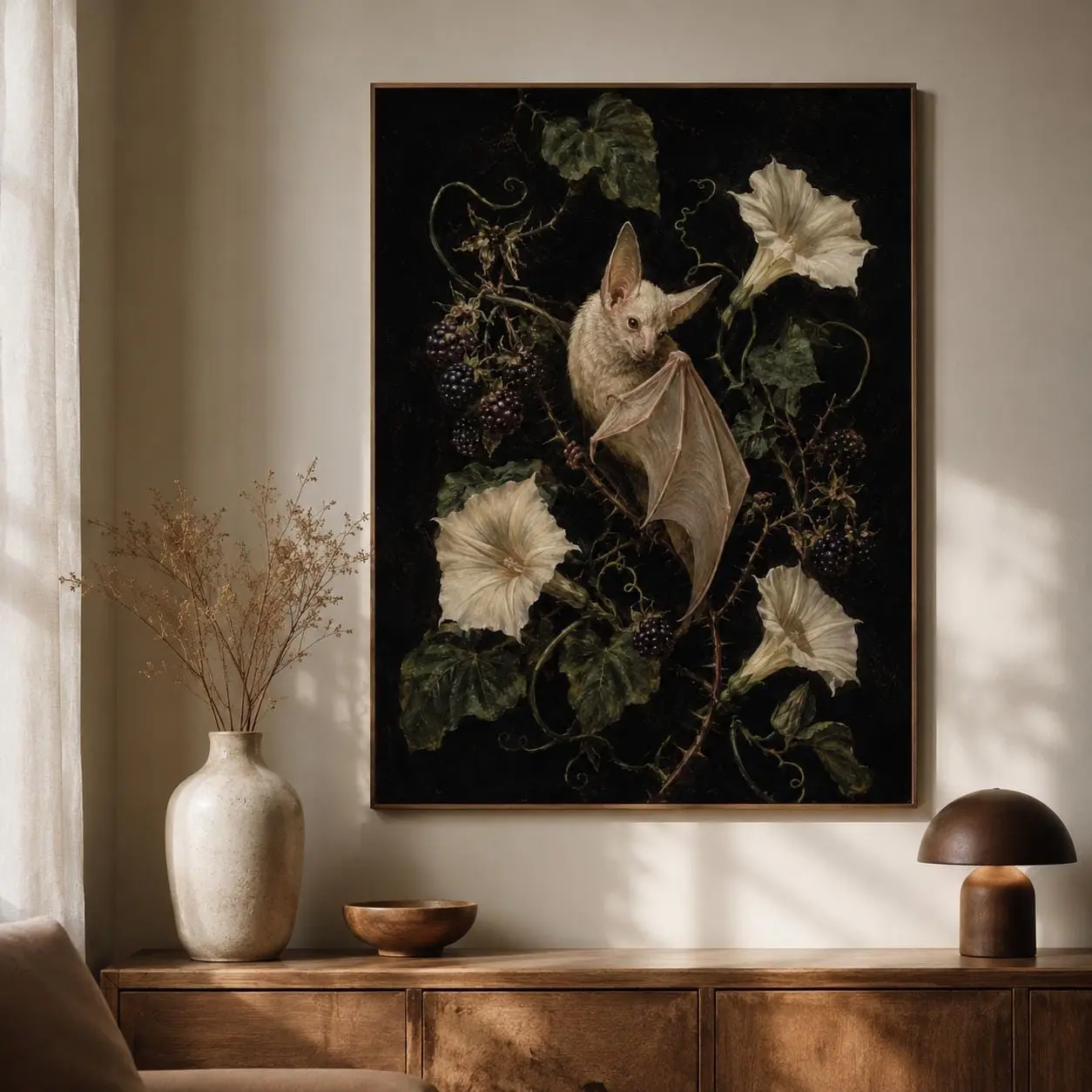 [Sale Up To 50%][No frame, Free Ship] Albino Bat Moonflower Wall Art Print Gothic Botanical Poster Dark Academia Animal Decor Vintage Night Garden Art