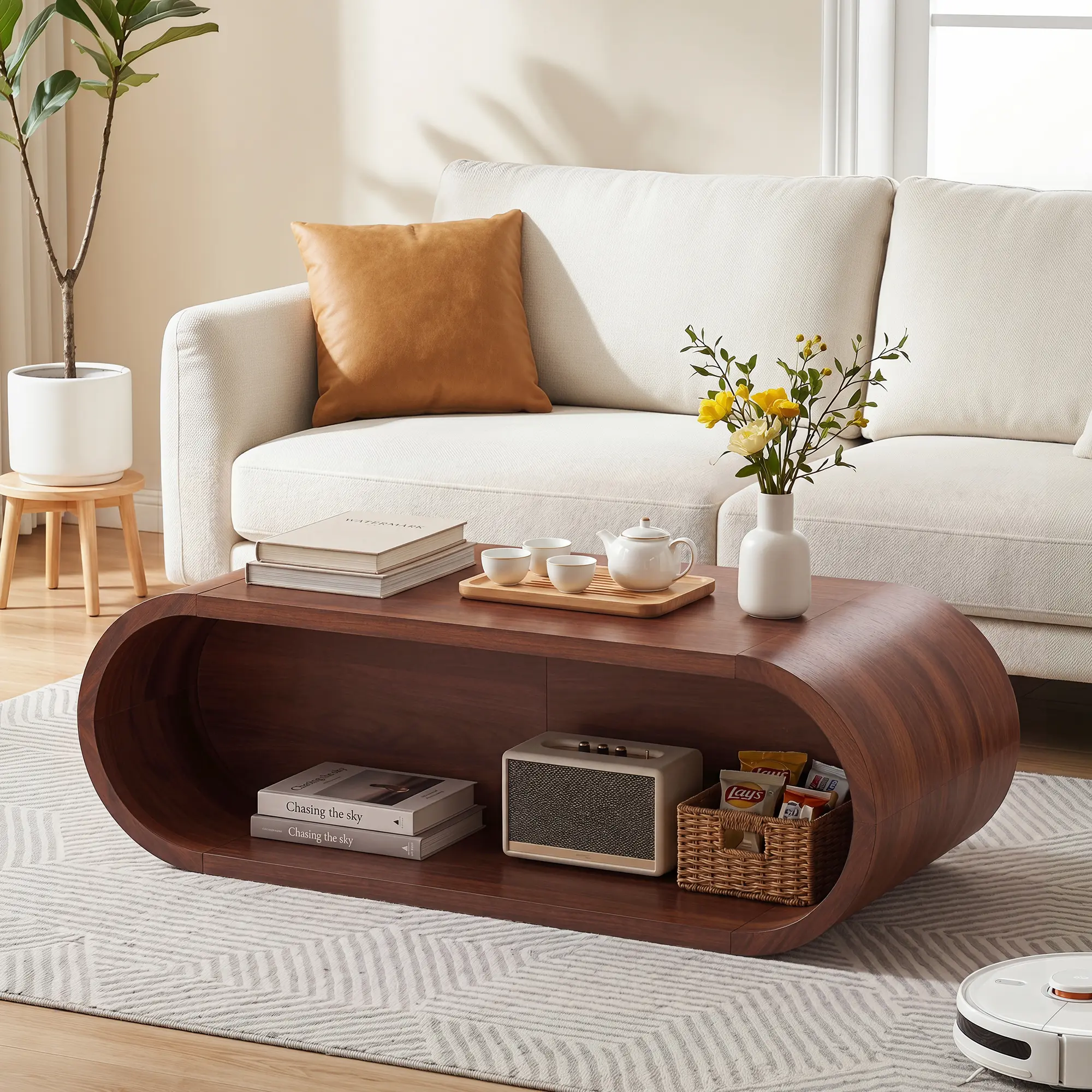 Giratree 47'' Oval Coffee Table 2-Tier Center Table with Storage Shelf | Modern Minimalist Coffee Table Curved Design Wood Accent Tea Table for Living Room, Small Spaces, Thick Design