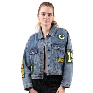 Football Fan Shop Officially Licensed NFL G34Her By Carl Banks Game Ball Denim Jacket - Packers