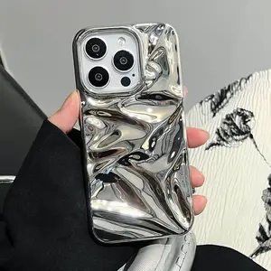 Luxury Electroplate Silvery 3D Wrinkle Phone Case for Iphone 16 15 14 13 11 12 Pro Max Purple Water Ripple Shockproof Soft Cover