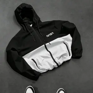 Men’s color-block hooded jacket, matching couple style high-street cargo coat featuring NASA print, loose fit, made from premium durable windproof fabric with reinforced stitching—perfect for outdoor activities and everyday wear. Available in 13 color-blo