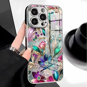 Beautiful crystal flower Pattern Luxury Electroplated hd Glass iphone case for iPhone 16ProMax 15 14 13 12 11 Plus cases camera full protector fashion high quality design gift electroplate anti drop durable