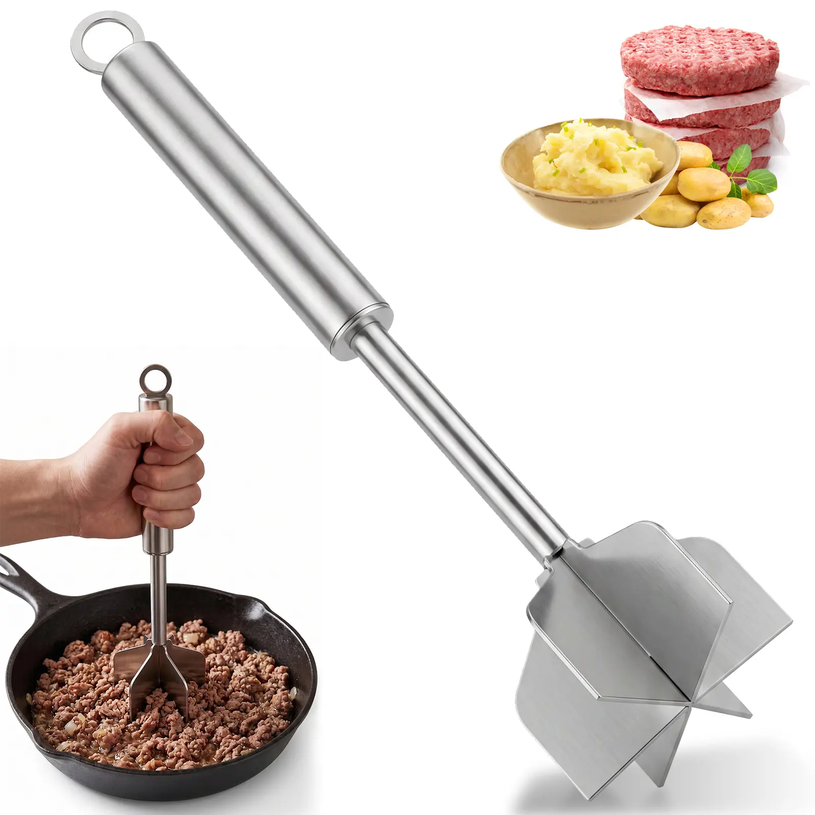 Stainless Steel Meat Masher, 6-Blade Ground Beef Chopper Tool, Heavy Duty Hamburger Smasher Potato Masher, Food Grade Vegetable Puree Shredder Mixer Utensil, Kitchen Gadgets, Dishwasher Safe (A)