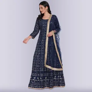 Sequin And Resham work Anarkali Gown Dress - Blue