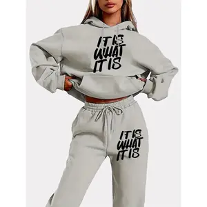 Women's Hooded Tracksuit Set with Geometric Letter Print, Casual Style, Polyester Knit Fabric, Fall/Winter Long Sleeve Sweater and Pants with Pockets Athletic Training Apparel Athletic Workout Clothing