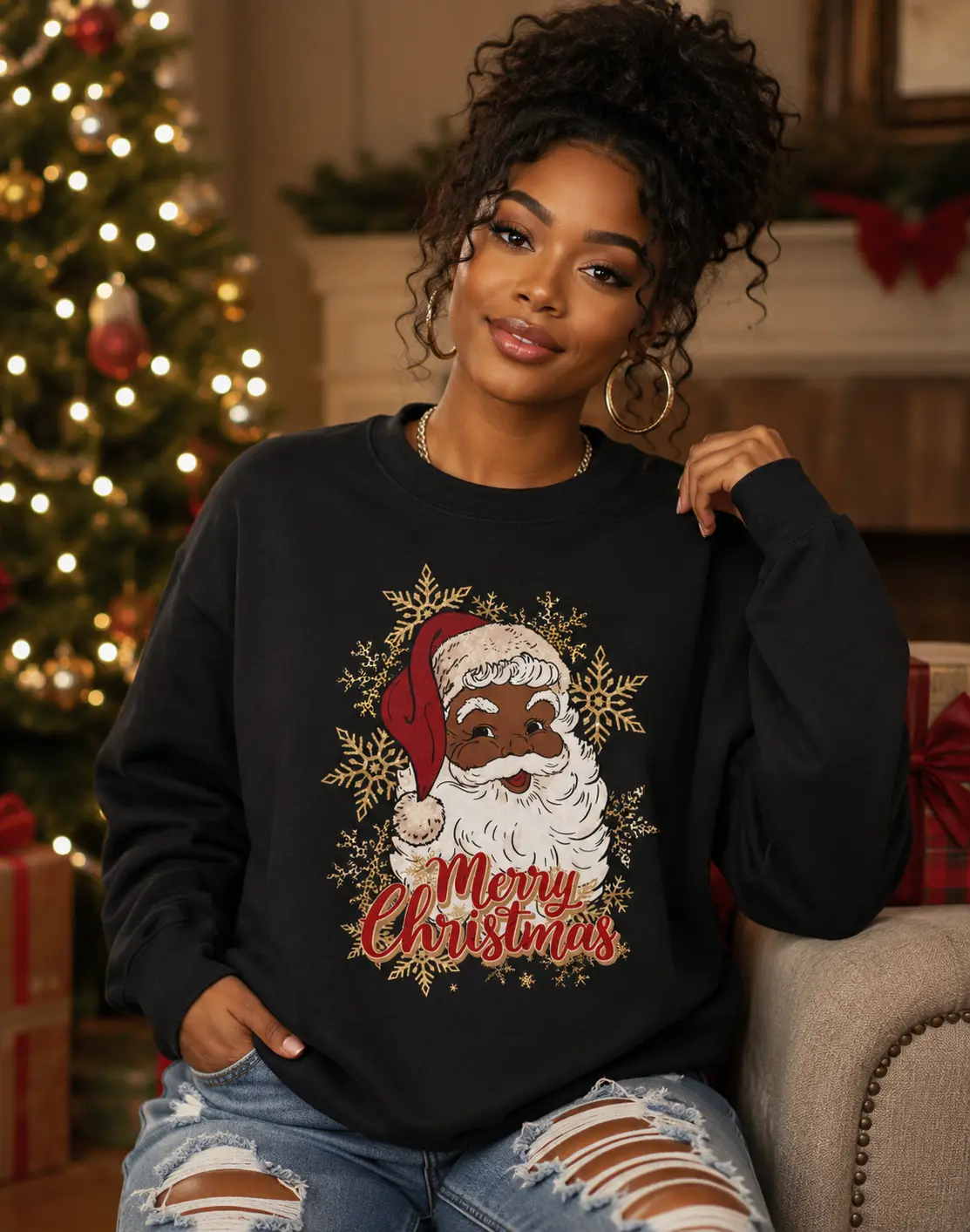 Red Hat Black Santa Christmas Cozy Women's Pullover Sweatshirt, African American Santa Shirt, Christmas Cute Black Santa Gifts