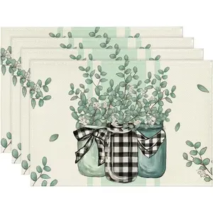 Eucalyptus Buffalo Plaid Spring Placemats Set of 4, 12x18 Inch Vase Seasonal Table Mats for Party Kitchen Dining Decoration