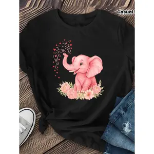 Pink Elephant Pattern Women's Short-sleeved, Round-neck Short-sleeved S T-shirt, Spring and Summer Casual Short-sleeved T-shirt, Women's Clothing