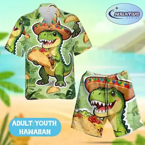 Funny T-Rex Eating Taco Sombrero Hawaiian Shirt Shorts Set Men Women Cute Dinosaur Cinco De Mayo Tropical 2PC Loose Matching Beach Summer Aloha Outfit Adults