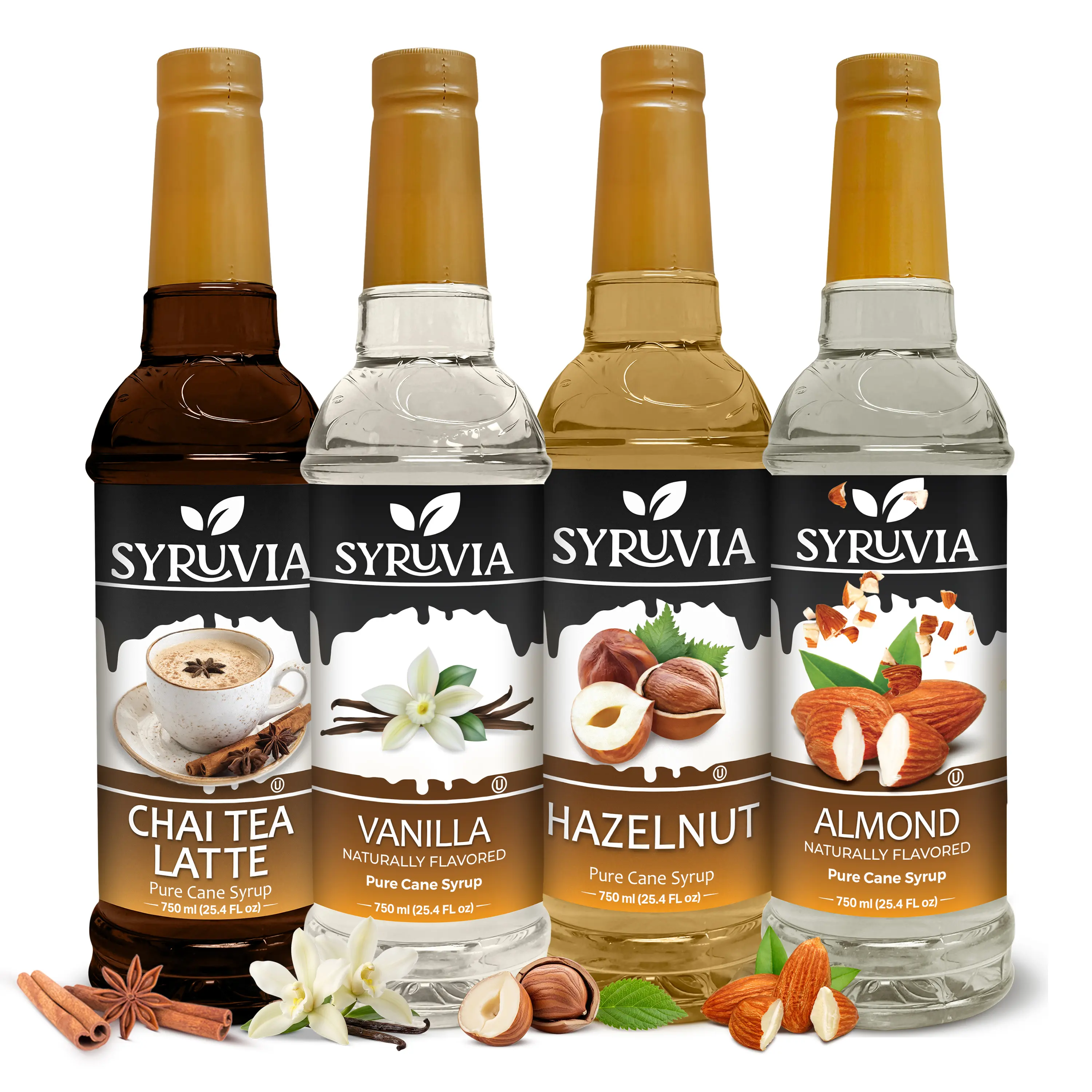 Syruvia Classic Coffee Favorites Variety Pack Beverage Syrups - Chai Tea Latte, Vanilla, Hazelnut, Almond Flavors - 25.4 oz Bottles (4 Pack) - Ideal for Coffee, Lattes