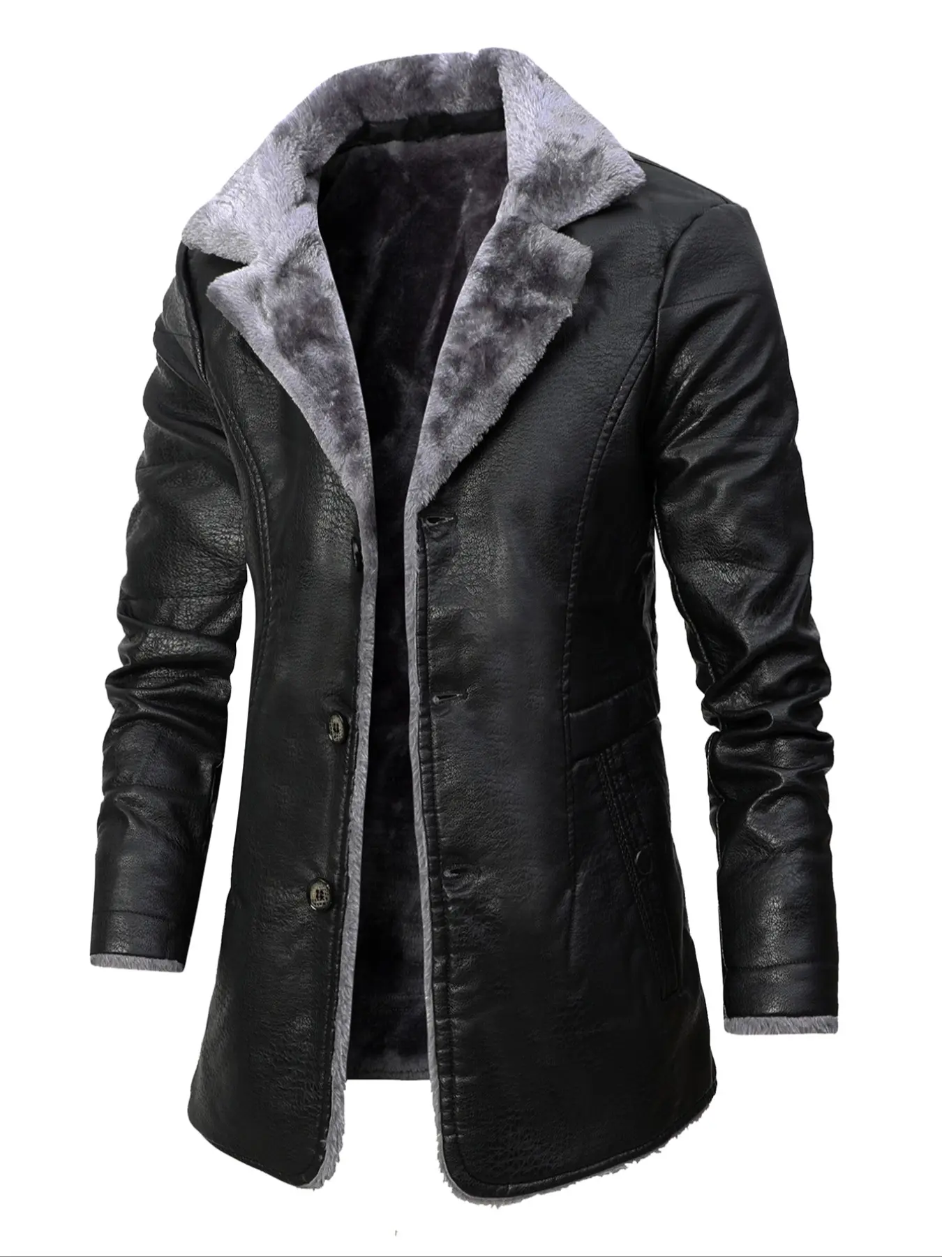 Men's Fashion Menswear Stand Collar Long Leather Jacket, Long Sleeve Solid Color Fleece Lined Warm Thick Coat, Stylish Classic Winter Outerwear for Men