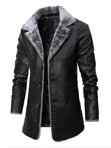 Men's Fashion Stand Collar Long Leather Jacket, Long Sleeve Solid Color Fleece Lined Warm Thick Coat, Stylish Classic Winter Outerwear for Men