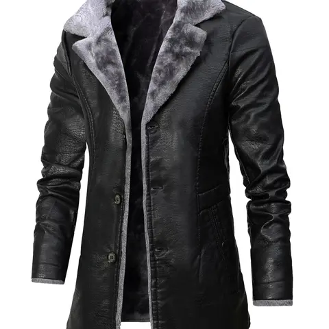 Men's Fashion Menswear Stand Collar Long Leather Jacket, Long Sleeve Solid Color Fleece Lined Warm Thick Coat, Stylish Classic Casual Winter Outerwear for Men