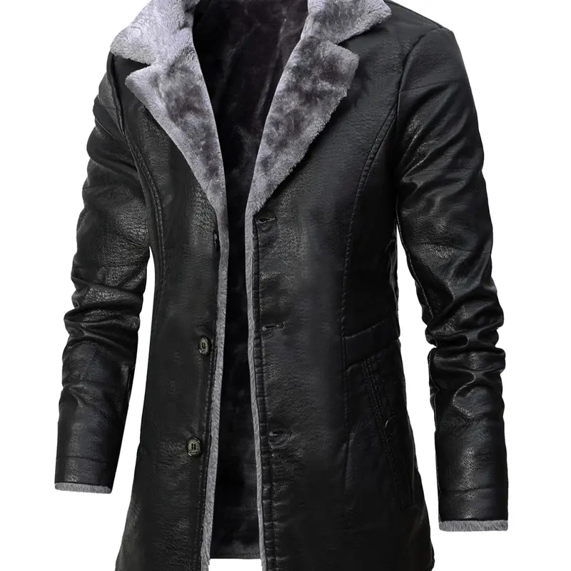 Men's Fashion Menswear Stand Collar Long Leather Jacket, Long Sleeve Solid Color Fleece Lined Warm Thick Coat, Stylish Classic Casual Winter Outerwear for Men