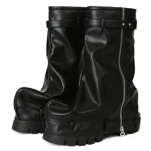 Women's Wide Calf Pleated Platform Boots Fold Over Shark Boots Chunky Heel Comfort Round Toe Stylish Mid Calf Design Zipper Pull On Tall Boots PU for Casual Trendy Outfits