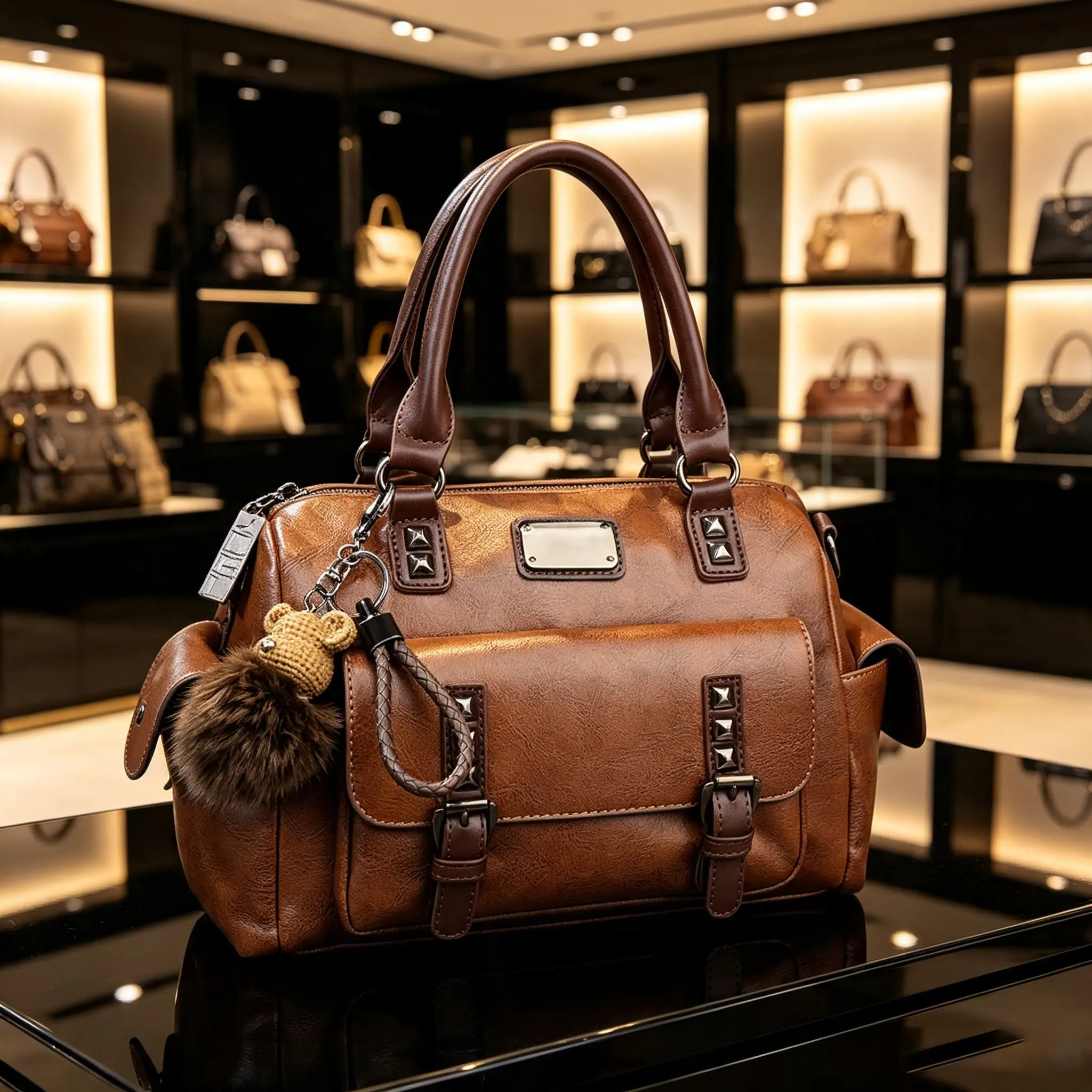 Women’s Elegant Brown Leather Handbag, Studded Details with Fur Charm, Fashion Shoulder Purse for Daily Stylish Wear