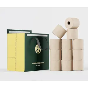 Bamboo Toilet Paper 12 Rolls, Resuable Packaging,New Plastic-Free,3 ply, Septic Safe,Unbleached Brown,Chemical Free,Tree-Free,Soft and Absorbent,Bathroom Tissue Rolls