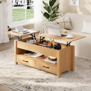 Garvee 47.2" Multi-Function Lift Top Coffee Table with Storage,Convertible Wooden Tabletop with 2 Drawers & Hidden Compartment, Central Table for Living Room, Home Office, Gaming & Sofa, Easy Assembly