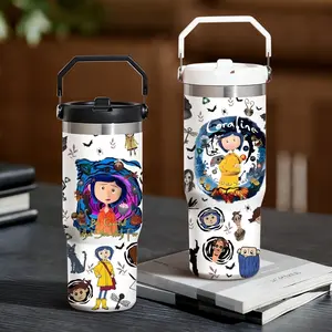 Classic Cartoon C-Coraline Vacuum Flasks Thermos Cup 30oz Stainless Steel Flip Straw Hydration Tumbler with Handle | Leakproof Twist Lid | Double Wall Vacuum Insulated BPA-Free Reusable Cup for Gym, Work & Travel Insulated Cups Insulated Water Bottle