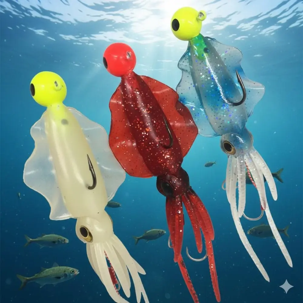 Glow in the Dark Squid Jig Lure Set: 130mm Deep Sea Fishing Bait, 3 Brightness Levels Octopus Skirt, TPR Material with Tri-Color Fade Anti-Tangle Guides. Universal for Boat, Rock, and Dock Fishing. Soft Plastic Lure Kit Artificial Fishing Lures.