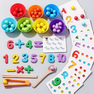 Wooden Montessori Interactive Maths Toy - Screen-Free Bead Matching, Counting & Puzzle Game for 3-5 Year Old Preschoolers, Fine Motor Skill & Color Recognition Tool with Chopsticks, Spoon & Clip, Ideal Birthday Gift, Interactive Maths Toys