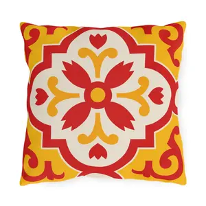 Red/Yellow Mediterranean Tile Outdoor Pillow | Sunflower Geometric Pattern