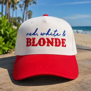 Red, White & Blonde Embroidered Trucker Hat Casual brunette hat Baseball Cap Panel Trucker Hat Simple Hat Cap 4th Of July, Independence Day trucker hat