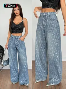 High-Waisted Loose Rhombus Studs Wide-Leg Jeans for Women, Spring 2026 New Vintage Slimming Versatile Floor-Length Denim Jeans