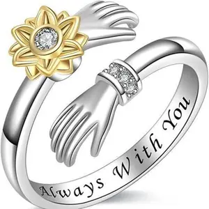 Hot-Selling Adjustable Sunflower Rotating Ring with Diamonds Forest Style Double-Handed Embrace Ring