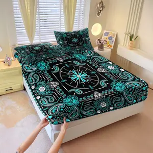 3Pcs Turquoise and Black Skull Paisley Boho Fitted Sheet Set, Paisley Bed Sheets, Gothic Bandana Design with Floral Motifs, Comfortable Fabric for Bedroom Decor, Ideal for Day of the Dead Celebrations, Includes 2 Pillowcases, No Pillow Core