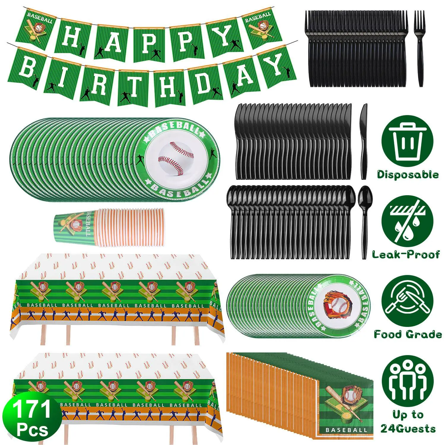 171 Pieces Baseball Party Supplies Kit - 24-Guest Disposable Food Grade Plastic & Paper Tableware Pack (Dessert Plate Diameter:7.08 Inches) with Plates, Cups, Knives, Tablecloth, Decorations for Happy Birthday, Quick Clean-Up