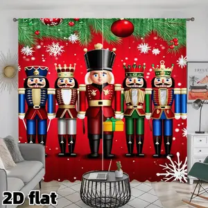 2D Flat 2Pcs Christmas Nutcracker Printed Curtains Holiday Theme Red Background Pine Branch Snowflake Pattern Rod Pocket Design Semi Sunshade Polyester Fiber Suitable for Living Room Bedroom Balcony Window Decor Gift Anti Privacy