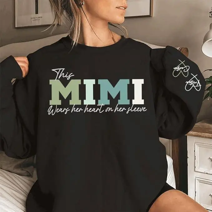 Personalized This Mimi Wears Her Heart on Her Sleeve Sweatshirt, Unisex Shirt, Hoodie, Custom Mimi Shirt With Kids Name, Mother's Day Gift, Nana Shirt