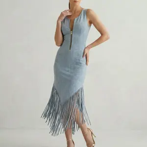 Summer Suede V-Hem Fringe Midi Dress with Statement Gold Zipper - Perfect for Parties & Festivals