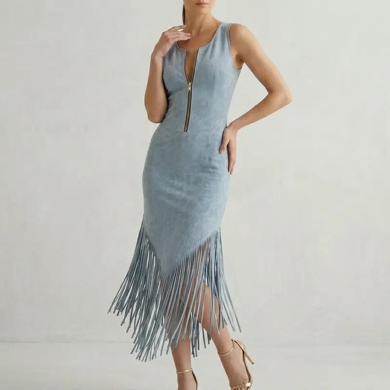 slim fit dress slacks Milly Raz Metallic Rib Fringe Dress - Gold