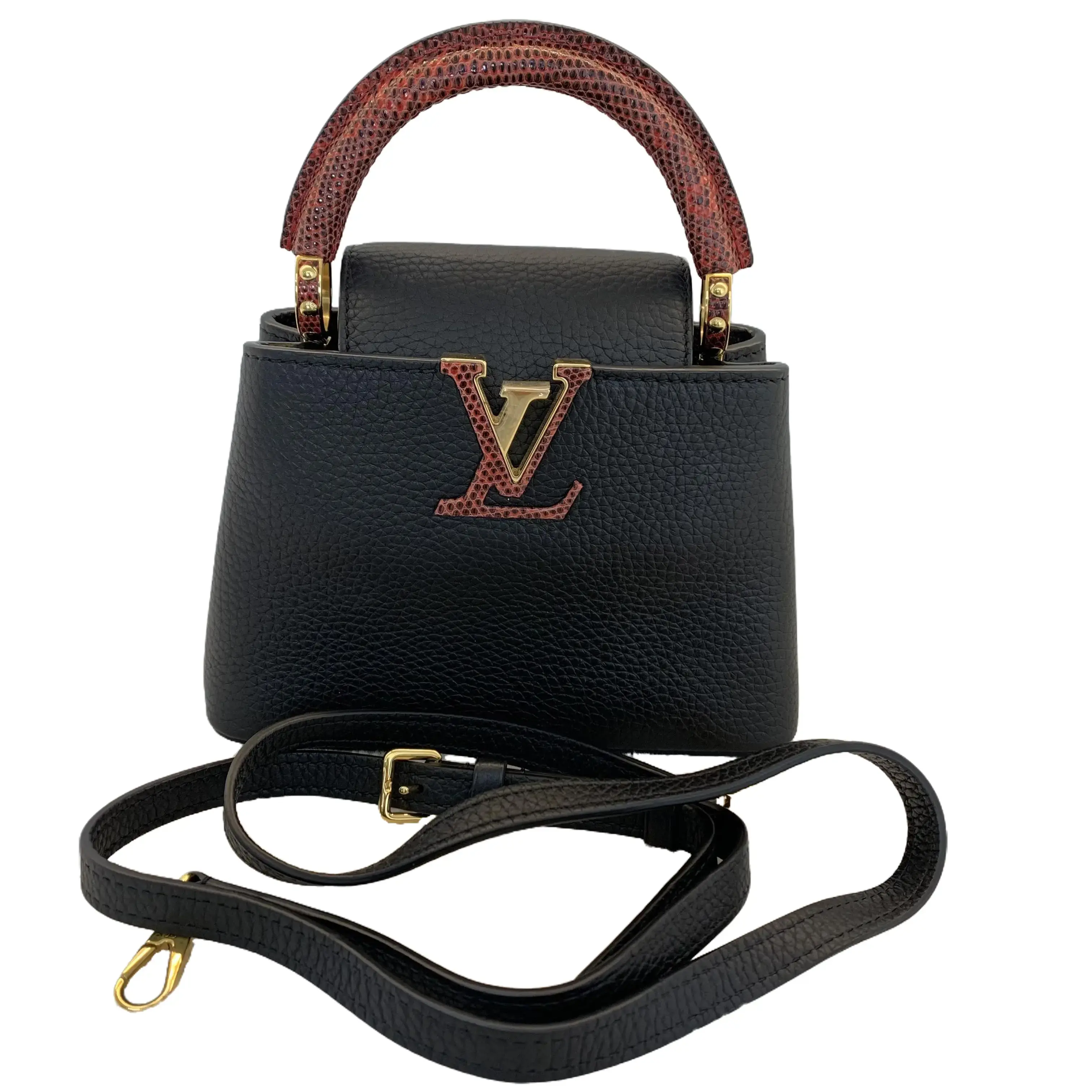 Pre-owned Louis Vuitton Mini Capucines Black Taurillon Leather Handbag, Red Lizard Python Handle & LV Logo Trim, Detachable Adjustable Leather Crossbody Strap TKB00000069